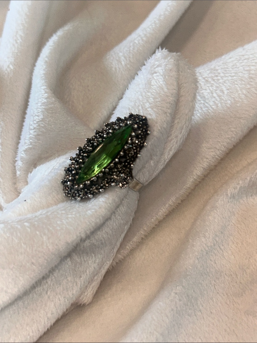 Vintage Green whimsy Goth Marquise Crystal Halo silver statement cocktail Ring